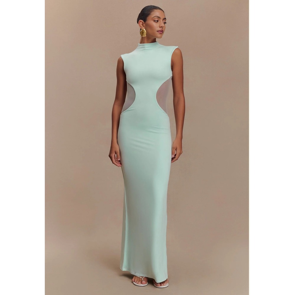 MESHKI Slinky And‎ Mesh Maxi Dress Lagoon Womens XS Sleeveless Mock Neck